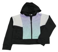 Černo-bílo-lila sportovní propínací crop mikina s kapucí Pep&Co