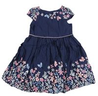 Tmavomodré plátěné šaty s květinami a motýly Primark