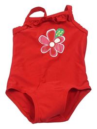 Červené jednodílné plavky s květem Miniclub