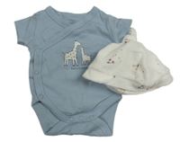 2 set - Bílá sametová podšitá čepice + modré zavinovací body s žirafami 