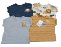 Nové - 4x tričko - tmavomodré + modré + hnědé pruhované + smetanové se zvířátky Next