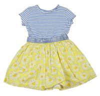 Modro-bílo-žluté bavlněno/plátěné šaty s pruhy a květy Mothercare