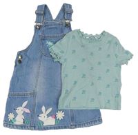 2set - Světlemodré riflové laclové šaty s králíky + světlezelené žebrované květované tričko M&S