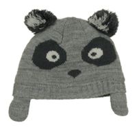Šedá čepice s bambulemi - panda 