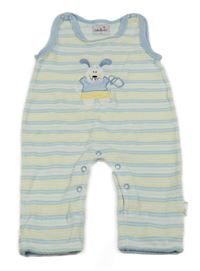 Bílo-modro-žluté pruhované sametové laclové tepláky s pejskem 