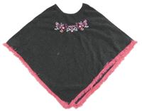 Šedo-růžové fleecové pončo s květy a třásněmi Dopodopo