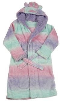 Tyrkysovo-růžovo-fialový plyšový župan s kapucí - Jednorožec 