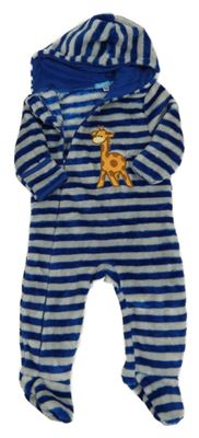 Tmavomodro-šedá pruhovaná plyšová kombinéza s žirafou a kapucí 