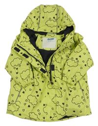 Limetkovo-antracitová voděodolná zateplená bunda s mráčky a srdíčky a kapucí X-mail