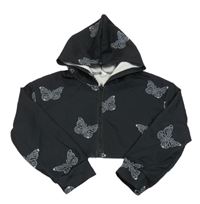 Černá propínací crop mikina s motýlky a kapucí Shein