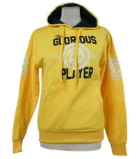 Pánská žlutá mikina s nápisy a kapucí 