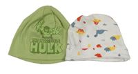 2x bavlněná čepice - zelená žebrovaná s Hulkem + bílá s dinosaury