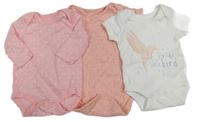 3x body - růžové puntíkaté + bílé s ptáčkem + světlerůžové s dírkovaným vzorem 56/62