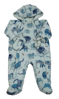 Světlemodrá šusťáková zimní kombinéza se slony a kapucí + rukavice Next