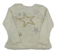 Bílý chlupatý svetr s hvězdami H&M