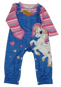 Nové - Modro-růžový overal s jednorožcem 