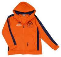 Neonově oranžovo-tmavomodrá sportovní propínací mikina s nápisy a kapucí 