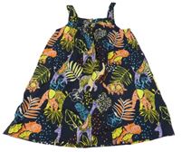 Tmavomodro-barevné šaty s listy a zvířaty Next