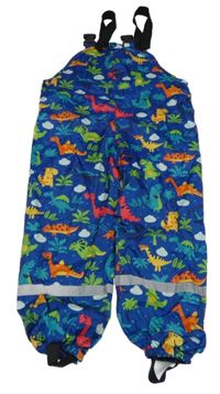 Modré šusťákové podšité laclové kalhoty s dinosaury 