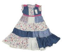 Nové - Bílo-modro-růžové patchwork šaty s kvěy a pruhy