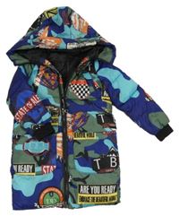 Barevný vzorovaný šusťákový prošívaný zimní kabát s kapucí 