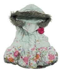 Světlezelená šusťáková prošívaná zateplená vesta s kytičkami a kapucí Little Lass