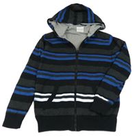 Šedo-černo-modrý pruhovaný propínací podšitý svetr s kapucí Yigga