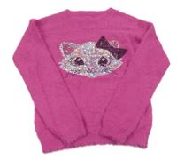 Růžový chlupatý svetr s kočkou z flitrů St. Bernard