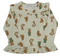 Smetanové žebrované triko s medvídky a volánky Shein