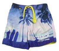 Modro-lila-tmavomodré plážové kraťasy s palmami a nápisy F&F