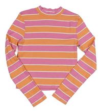 Růžovo-oranžovo-bílý pruhovaný žebrovaný crop rolák H&M