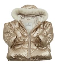 Zlatá prošívaná šusťáková nepromokavá zimní bunda s kapucí s kožešinou George