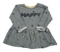 Tmavošedo-bílé pruhované puntíkaté teplákové šaty s nápisem a květy a králíčky NUTMEG