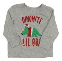 Šedé melírované triko s dinosaurem s vánočním motivem a nápisy a flitry V BY VERY