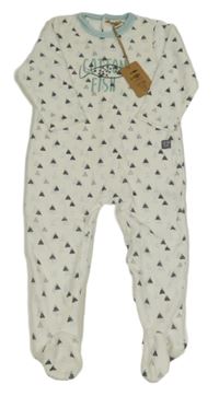 Nové - bílo-světlemodrý vzorovaný sametový overal s rybou COTTON FISH