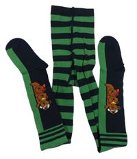 Černo-tmavozelené pruhované punčocháče s medvídky