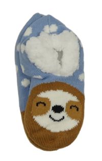 Nové - modro-hnědé pletené zateplené bačkory s puntíky a lenochodem vel. 37