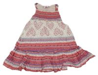 Bílo-jahodovo-modré vzorované letní šaty se srdíčky z kytiček Topolino