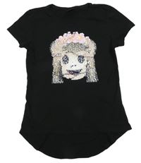 Černé tričko s opičkou z překlápěcích flitrů Page one young