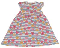 Modro-bílé pruhované šaty s jahůdkami a sluníčky a duhami a volánky