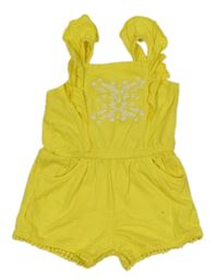 Žlutý letní overal s květy a větvičkami a volánky