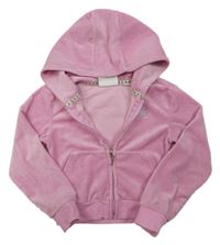 Růžová plyšová propínací crop mikina s logem z kamínků a kapucí Juicy Couture