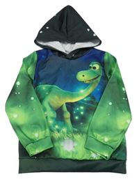 Tmavomodro-zeleno-černá mikina s dinosaurem a kapucí