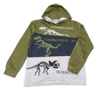 Khaki-tmavomodro-bílá mikina s kostrami dinosaurů a kapucí