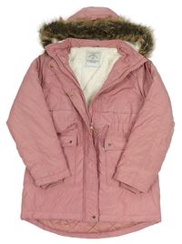 Růžový šusťákový zimní kabát s kapucí s kožíškem George