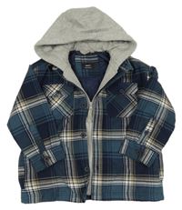 Tmavomodro-petrolejovo-bílá kostkovaná podšitá košilová bunda s teplákovou kapucí Next