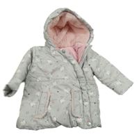 Šedá šusťáková zimní bunda s tučňáky a kapucí Topomini