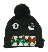 Tmavokhaki čepice s překlápěcími flitry a bambulí - dinosaurus M&Co.