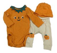 3set - Cihlové body s dýní + béžové lehké tepláky s dýněmi + bavlněná čepice H&M