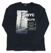 Tmavomodré melírované triko s mostem a nápisem Yigga